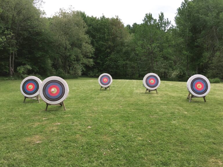 Row of round archery targets set up on a mowed field