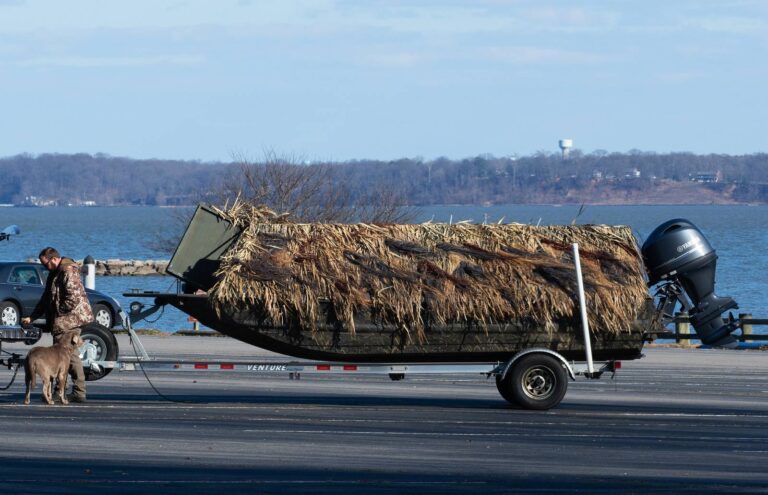 Boat covered with a grass portable duck blind at the launch