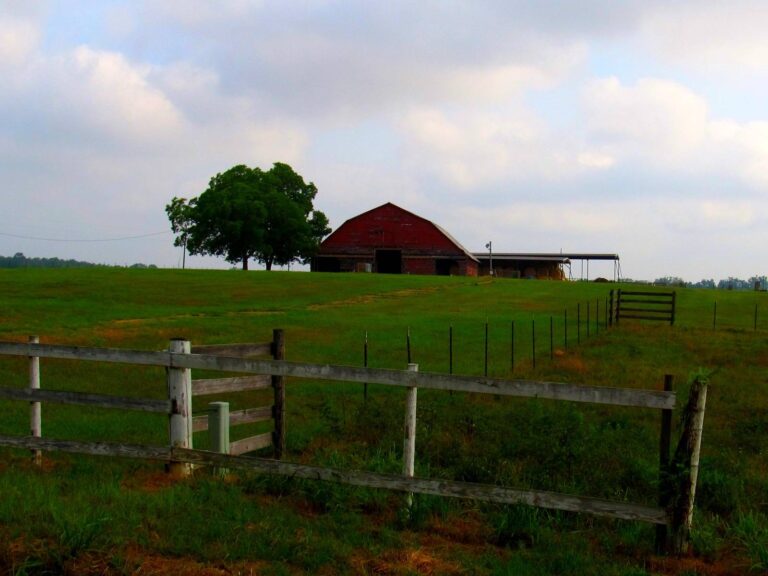 Red barn and green pasture behind a wooden fence outside Hawkinsville in Pulaski County