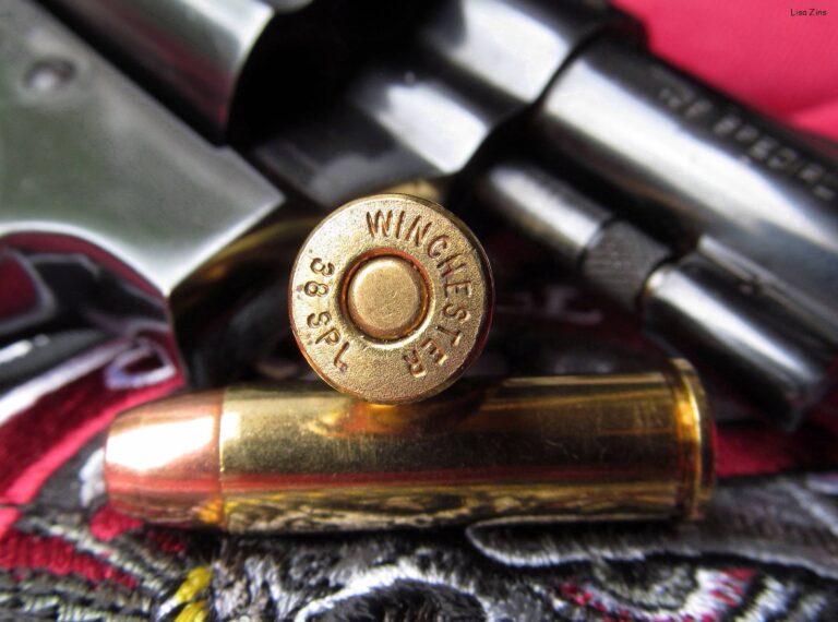 Close-up of a brass .38 Special cartridge beside a revolver cylinder