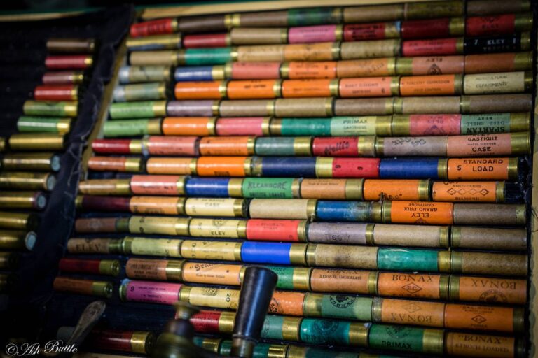 Rows of colorful shotgun shells packed in a box