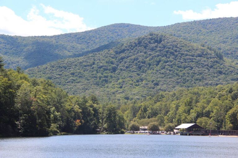 Slaughter Mountain rising above the lake at Vogel in the Blue Ridge Ranger District