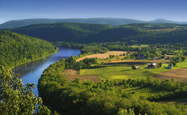 Susquehanna River meandering past farms from the Marie Antoinette Overlook, Bradford County