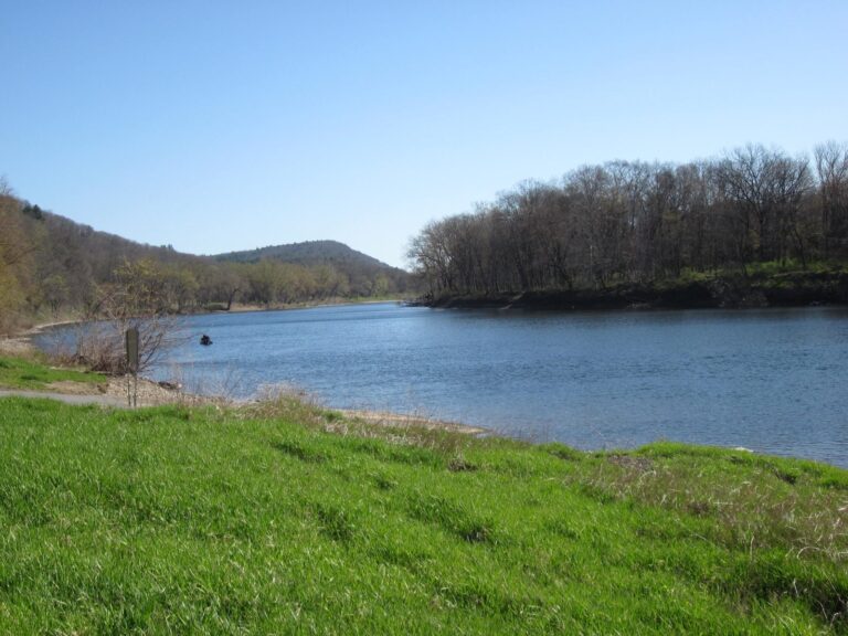 Delaware River and wooded hills in spring in Delaware Water Gap National Recreation Area, Pennsylvania side