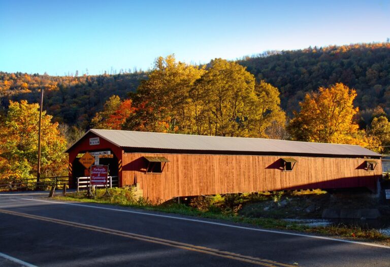 Forksville Covered Bridge with autumn hillside in Sullivan County