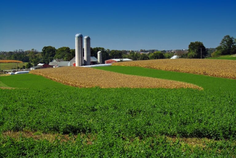 Farmstead with silos among patchwork fields in Heidelberg Township, Lebanon County