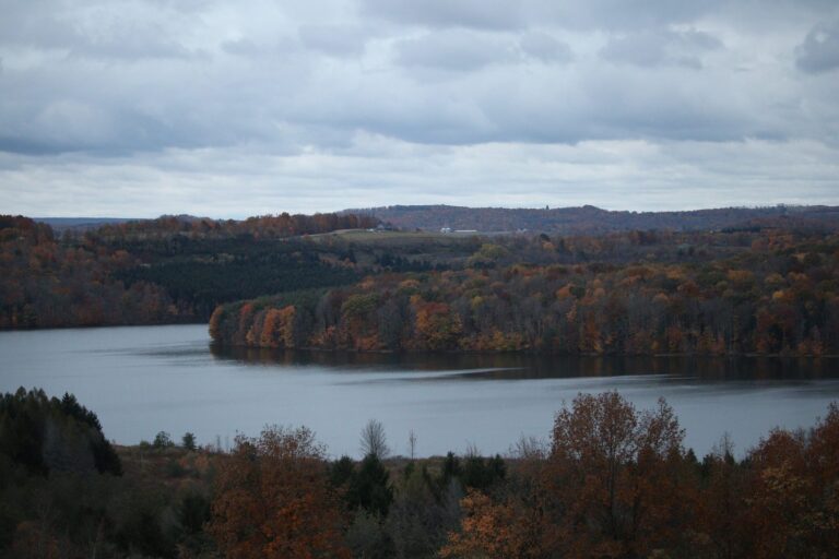 Glendale Lake framed by autumn hills from Headache Hill, Prince Gallitzin State Park, Cambria County